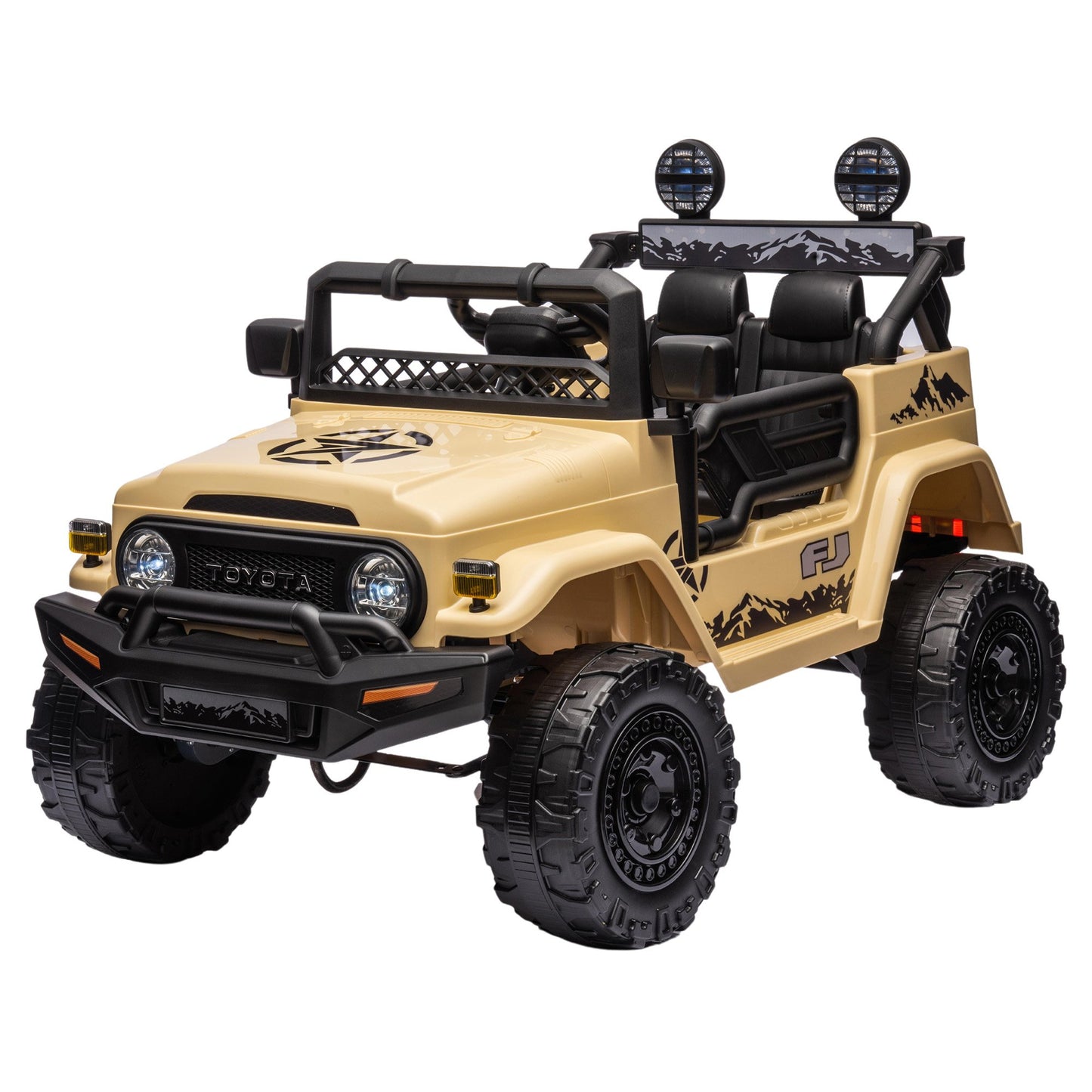 Toy truck with beige body and black details on a white background