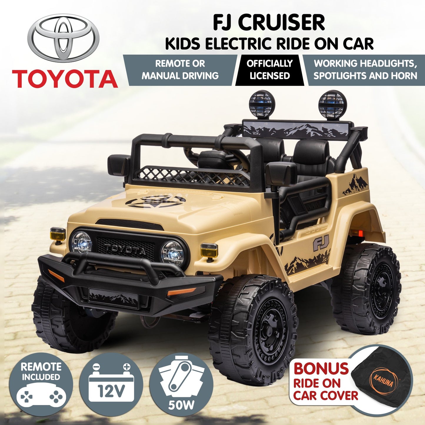 Toyota FJ Cruiser kids electric ride-on car with remote control on a road background