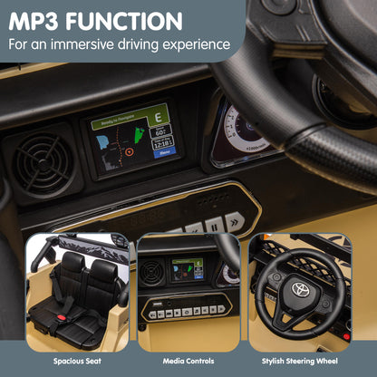 Car interior with dashboard, steering wheel, and seats, highlighting MP3 function and driving experience.