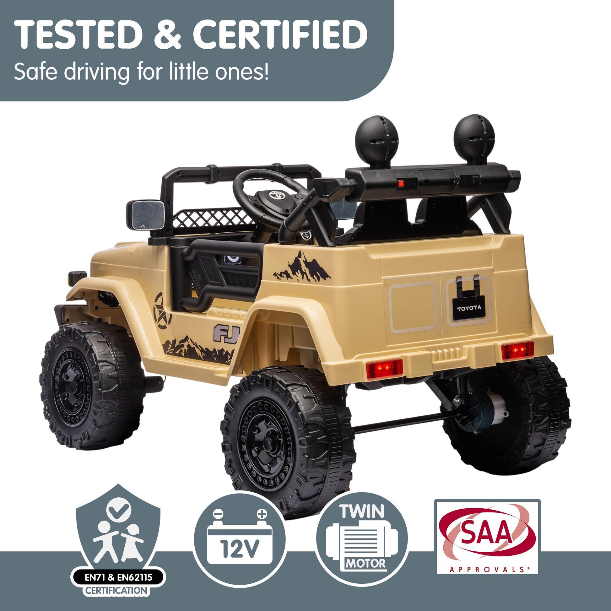 Toy jeep with certification logos on a white background