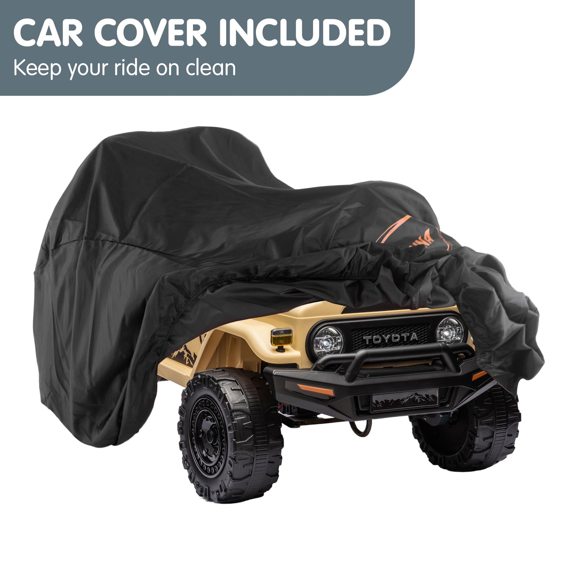 Toy Toyota vehicle covered with a black car cover on a white background.