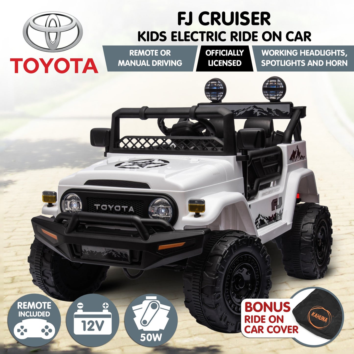Toyota FJ Cruiser kids electric ride-on car with remote control on a road background