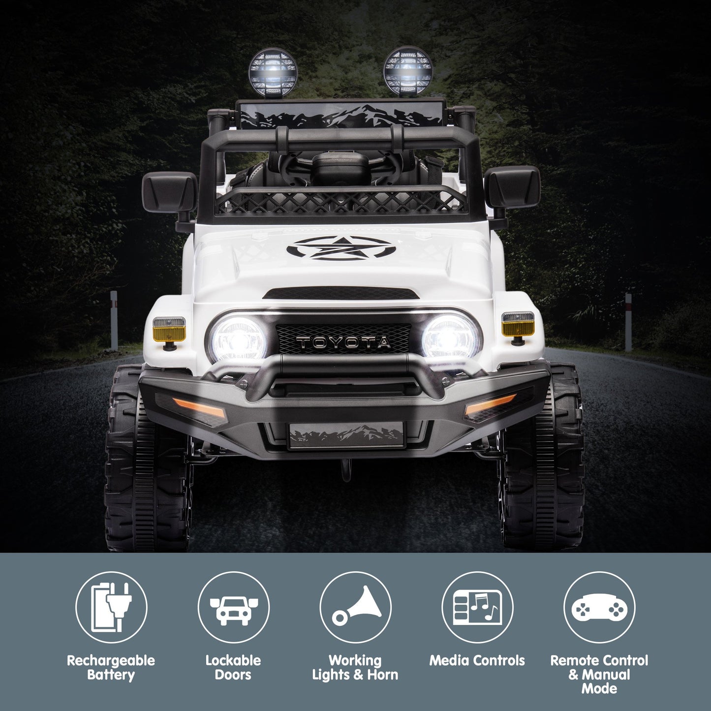 White toy truck with added features on a dark background