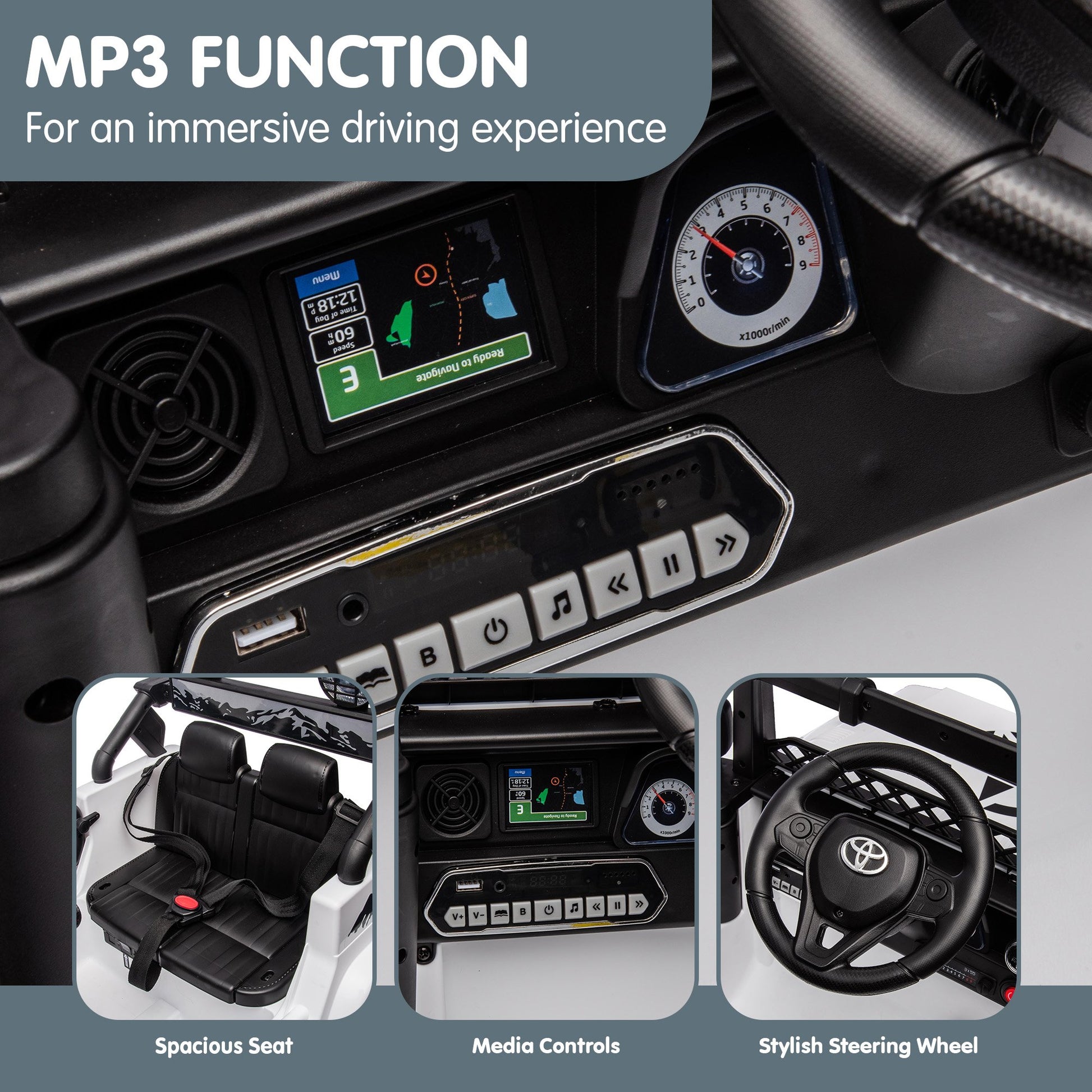 Car interior with MP3 function display, spacious seat, media controls, and stylish steering wheel.