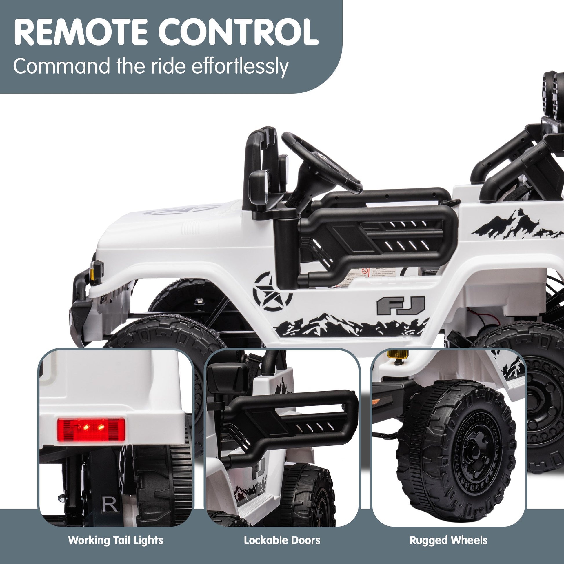 White toy truck with black details on a white background, featuring text about remote control and vehicle features.