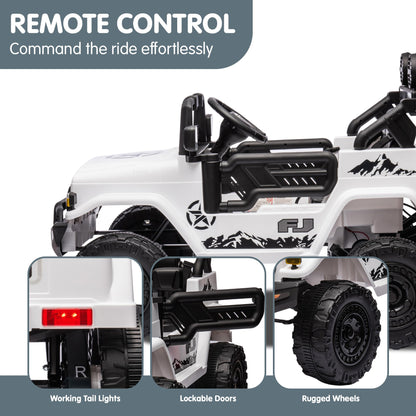 White toy truck with black details on a white background, featuring text about remote control and vehicle features.