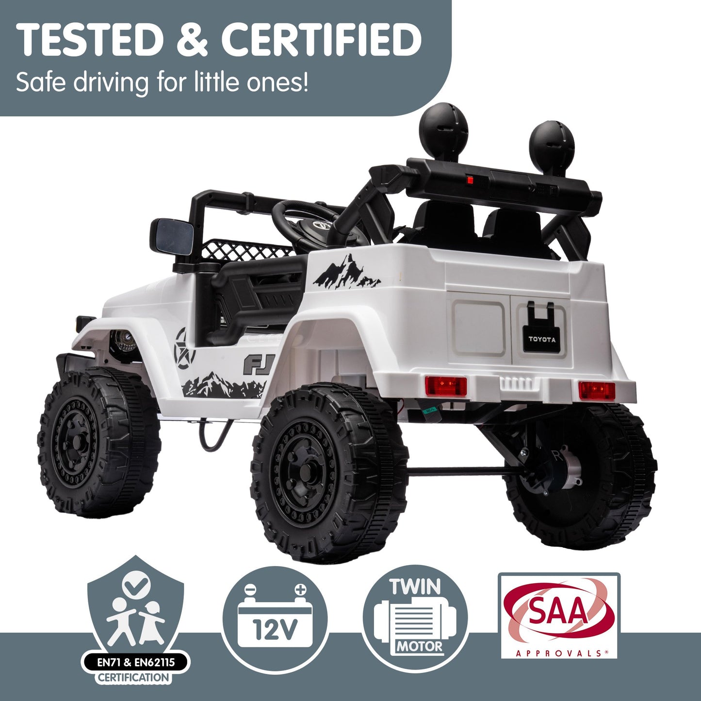 Toy vehicle with safety certification logos on a white background