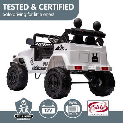 Toy vehicle with safety certification logos on a white background