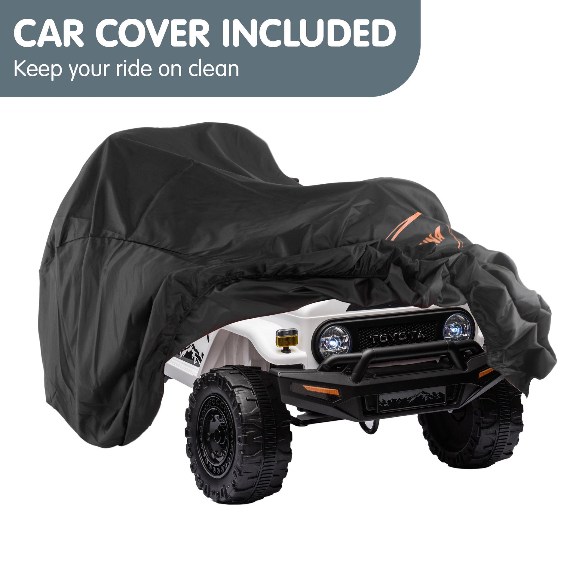 Black car cover on a Toyota vehicle with text 'Car Cover Included' and 'Keep your ride on clean'.
