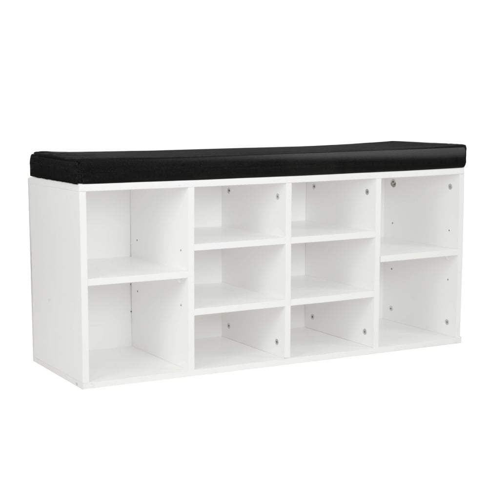 White shoe cabinet with multiple compartments and a cushioned bench on top.