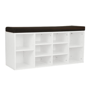 White shoe cabinet with cushioned bench top in brown color.