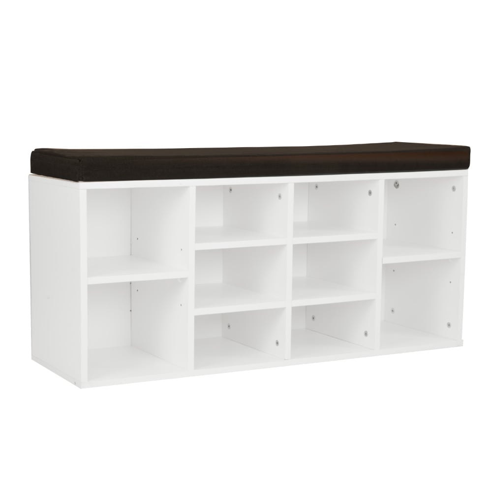 White shoe cabinet with cushioned bench top in brown color.