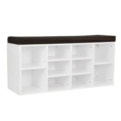 White shoe cabinet with cushioned bench top in brown color.