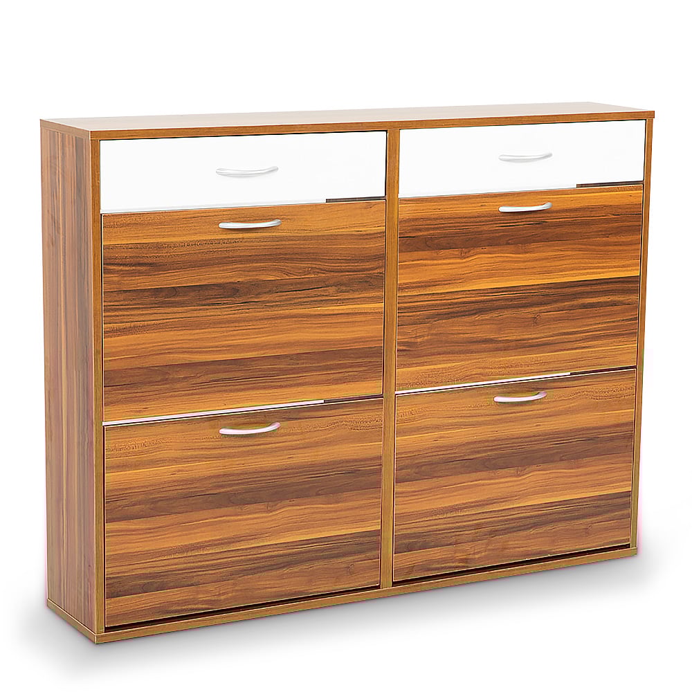 A brown Sarantino 24 pairs shoe cabinet rack with drawers, featuring a melamine veneer finish and silver handles.