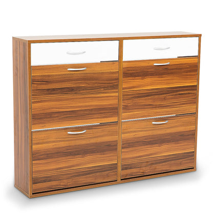 A brown Sarantino 24 pairs shoe cabinet rack with drawers, featuring a melamine veneer finish and silver handles.