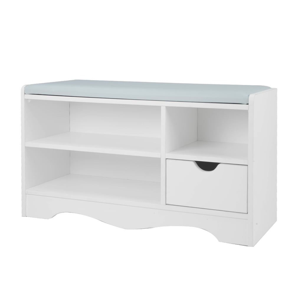 White shoe cabinet with cushion stool bench, featuring multiple storage compartments and a melamine finish.