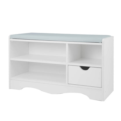 White shoe cabinet with cushion stool bench, featuring multiple storage compartments and a melamine finish.
