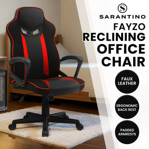 Black and red reclining office chair with Sarantino branding and features listed.