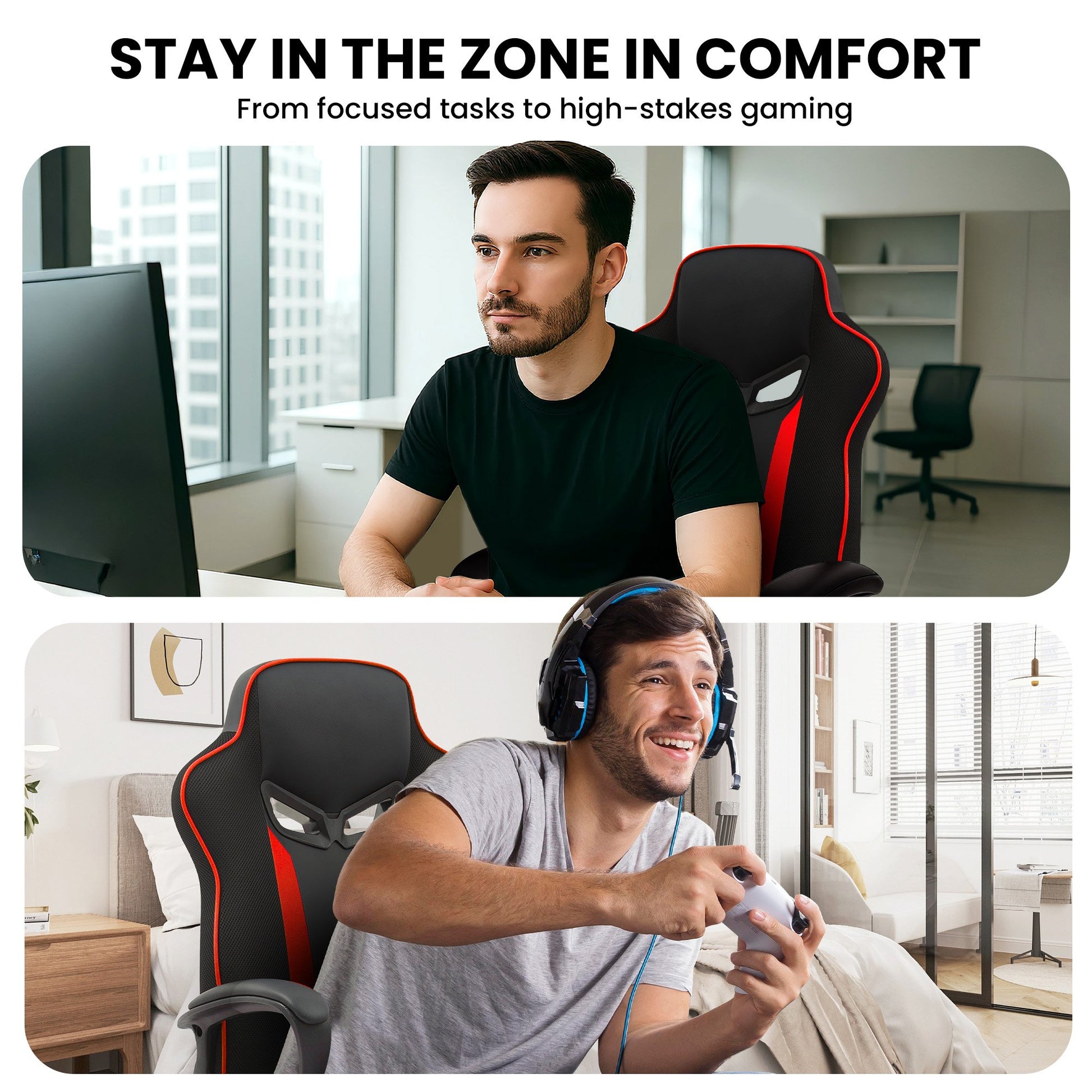 Two scenes showing a person working at a desk and playing video games, with text 'Stay in the Zone in Comfort'.