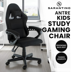 Black kids study gaming chair with ergonomic features in a room setting.
