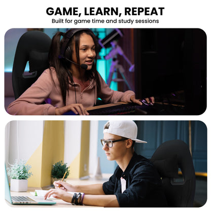 Two people engaged in gaming and studying with text 'GAME, LEARN, REPEAT' above.