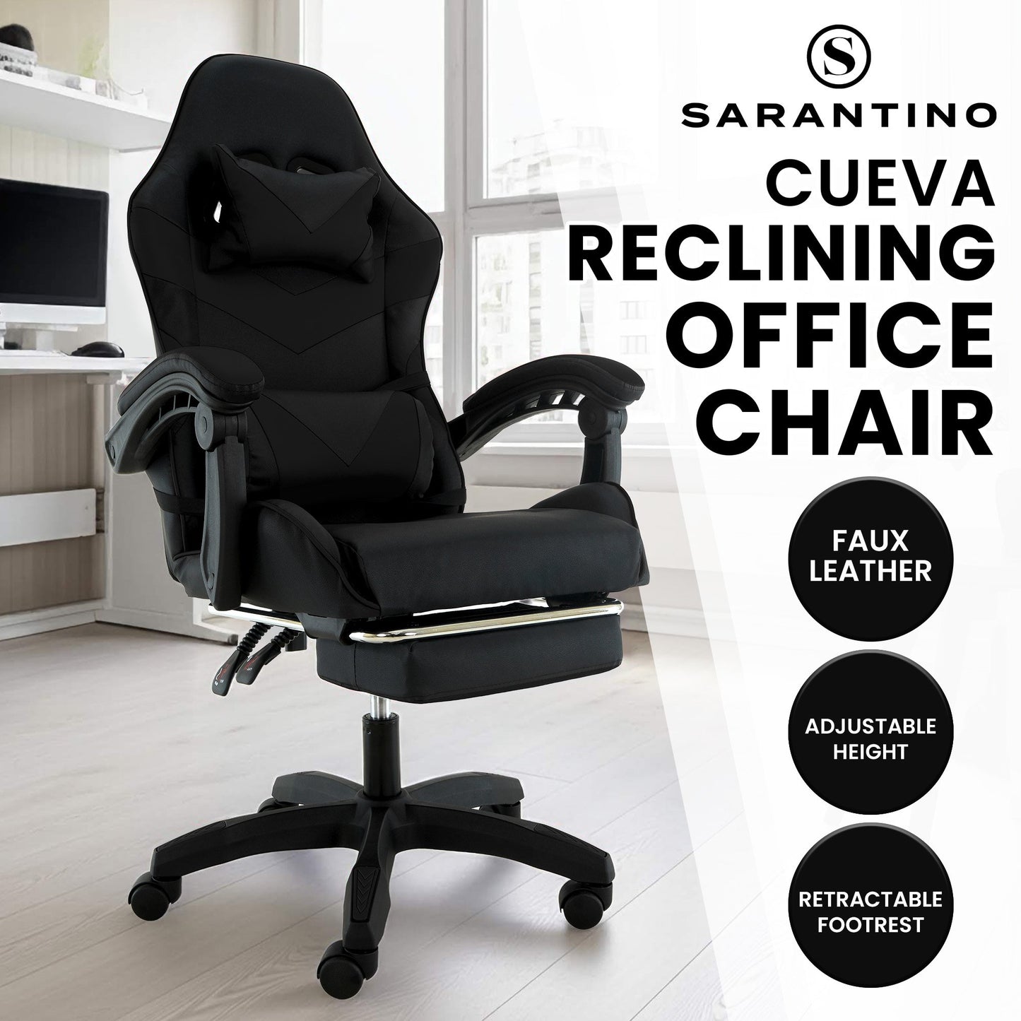 Black reclining office chair with Sarantino branding and features listed on a white background.