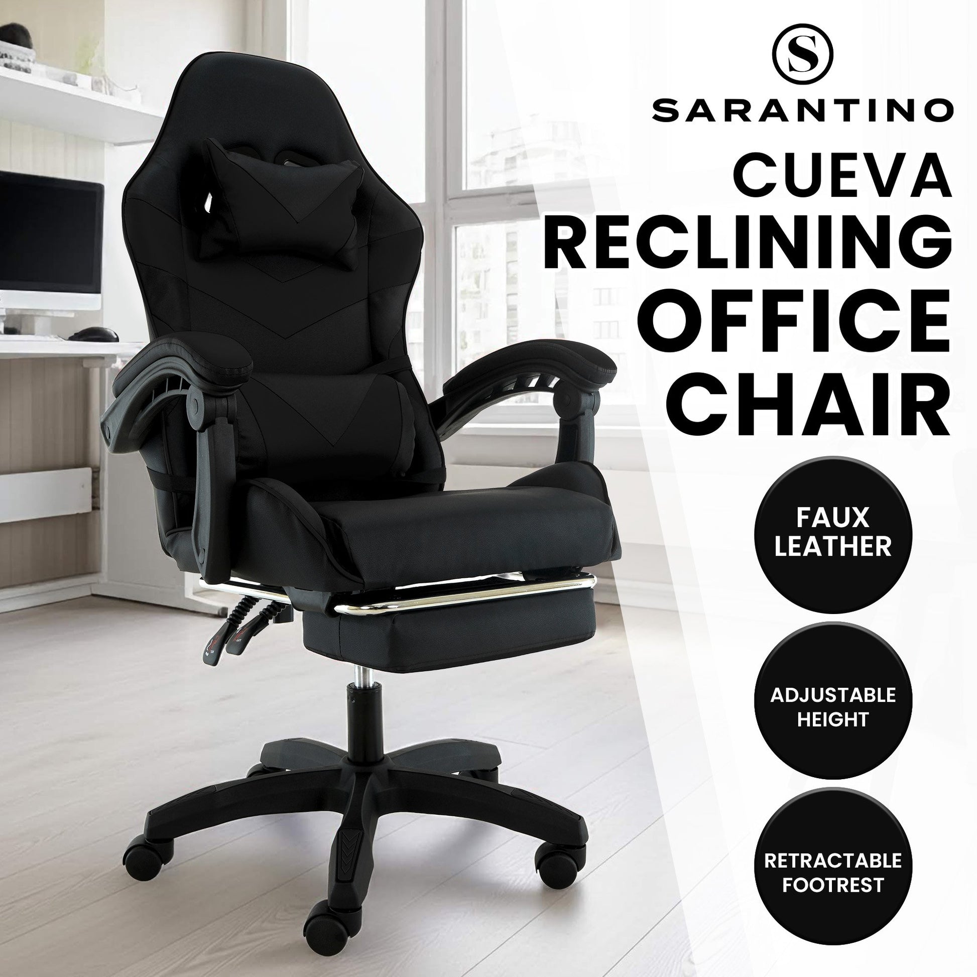 Black reclining office chair with Sarantino branding and features listed on a white background.