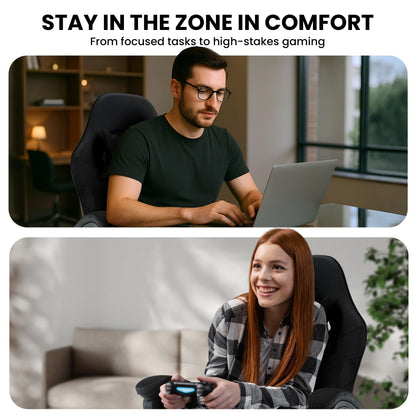 Two people using laptops and gaming consoles in different settings with text about comfort and tasks.