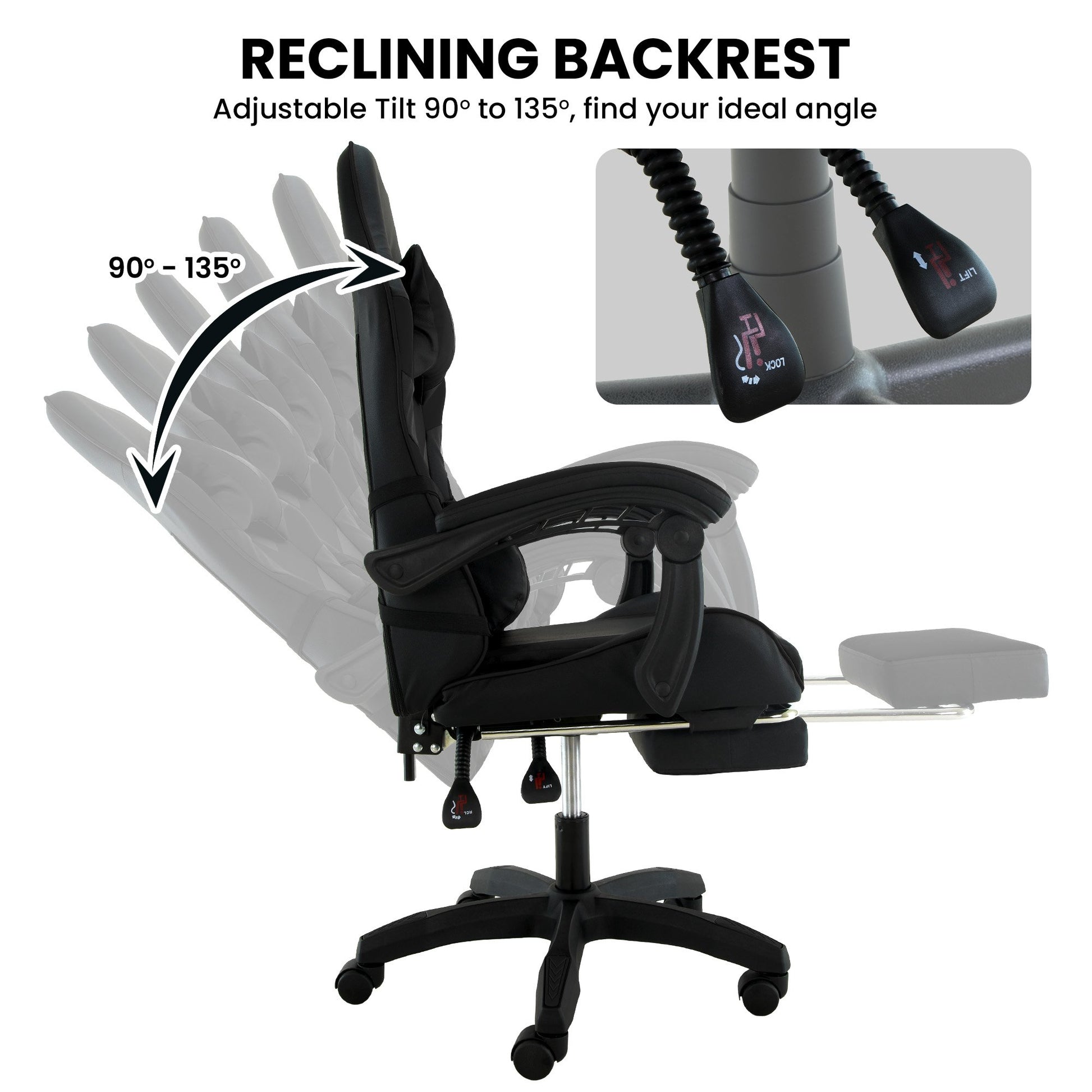 Black office chair with reclining backrest feature on a white background