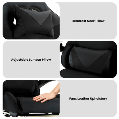Car seat with headrest neck pillow, adjustable lumbar pillow, and faux leather upholstery shown in close-up.