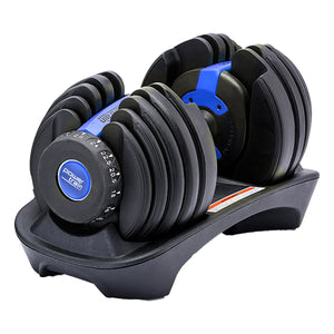 A pair of blue and black Powertrain adjustable dumbbells set on a black dumbbell holder with weight markings.