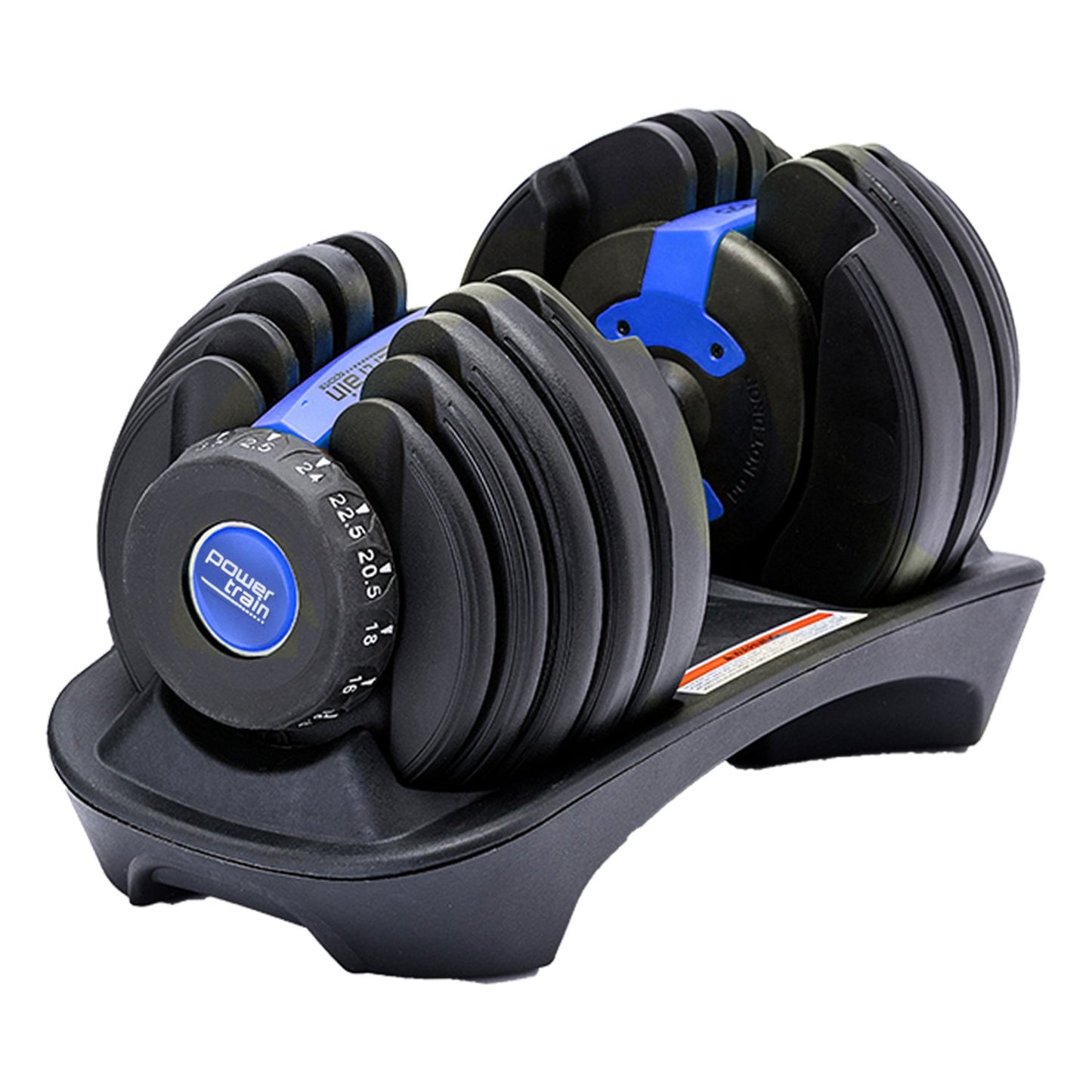 A pair of blue and black Powertrain adjustable dumbbells set on a black dumbbell holder with weight markings.