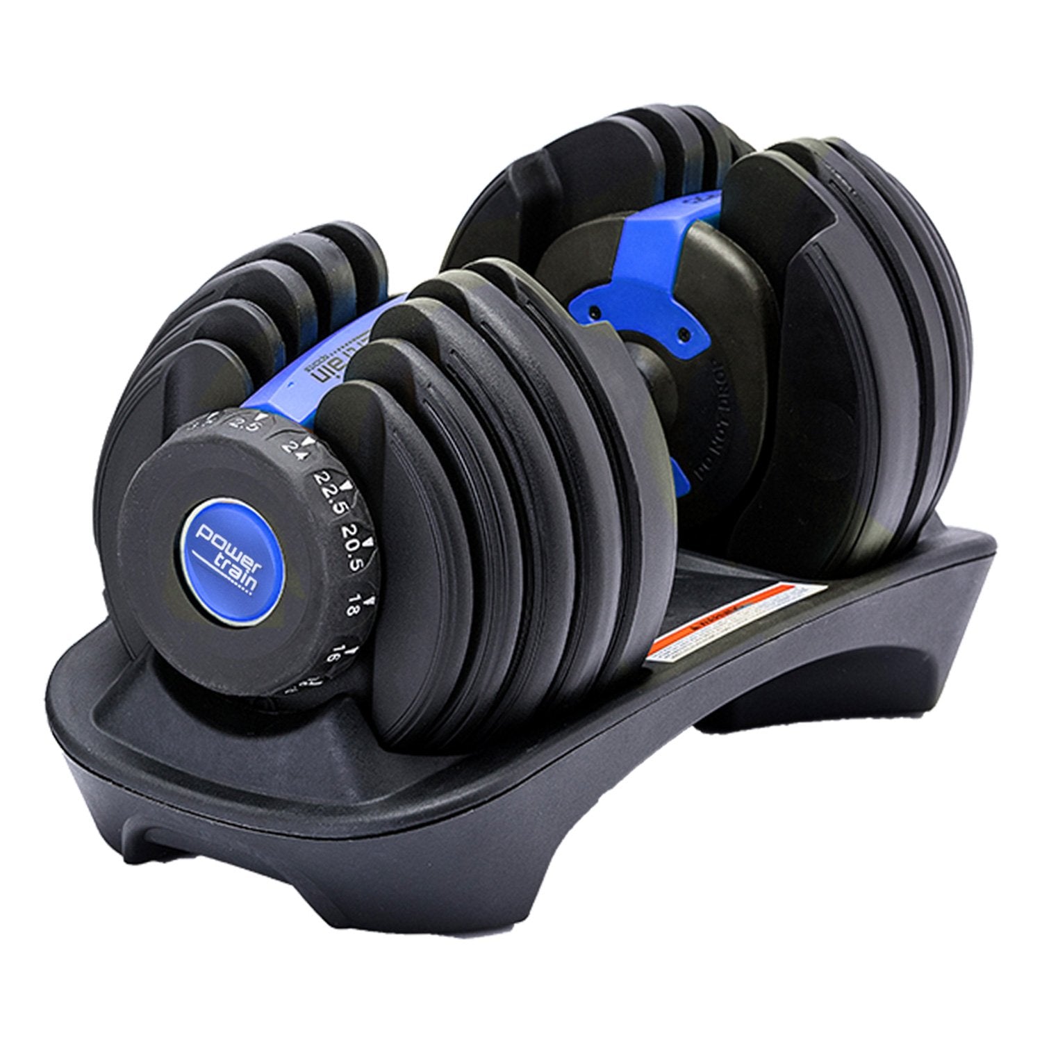 A pair of blue and black Powertrain adjustable dumbbells set on a black dumbbell holder with weight markings.