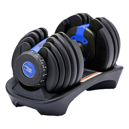 A pair of blue and black Powertrain adjustable dumbbells set on a black dumbbell holder with weight markings.