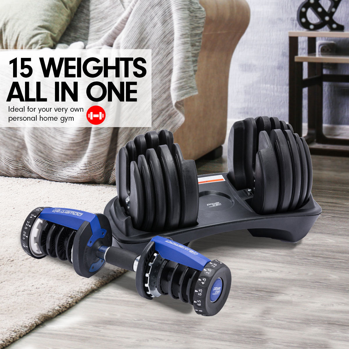 Powertrain Adjustable Dumbbell Set 2x24kg 48kg With Stand-Blue
