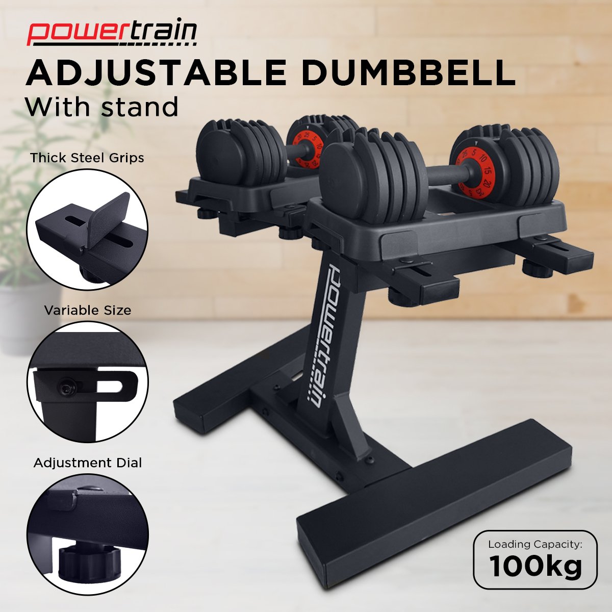 Powertrain Dumbbell Set GEN2 Pro Adjustable - 2 x 25kg - 50kg with Stand - Factory Direct Shop
