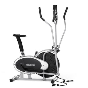 A silver and black Powertrain 3-in-1 elliptical cross trainer exercise bike with resistance bands attached.
