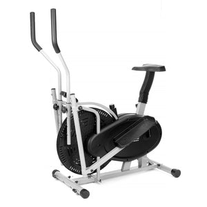 A 2-in-1 elliptical cross trainer and exercise bike with black and silver color scheme.