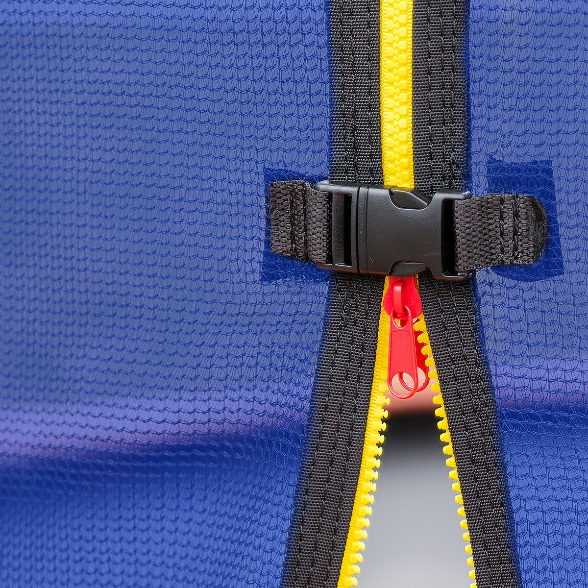 Close-up of a blue trampoline replacement net with a red zipper and black pole sleeve.