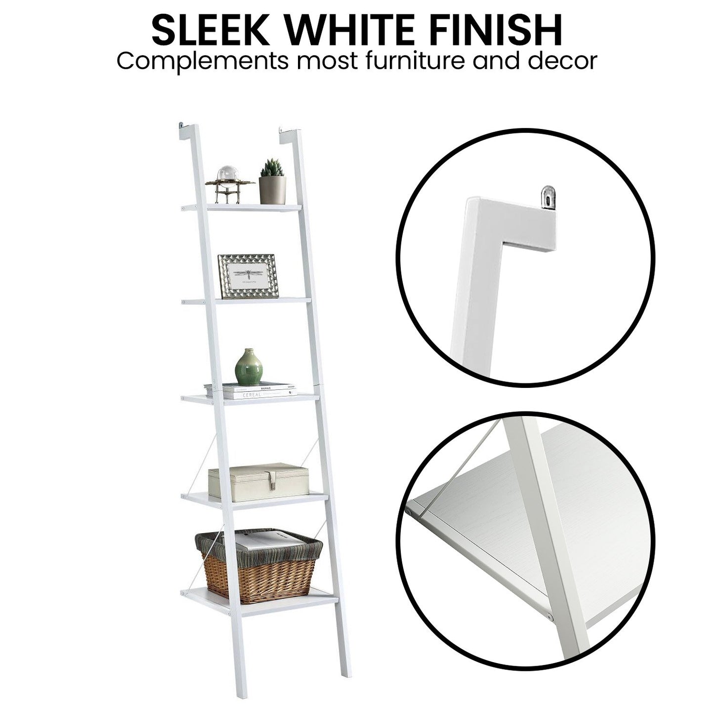 White ladder shelf with decorative items on a white background, highlighting its sleek finish.