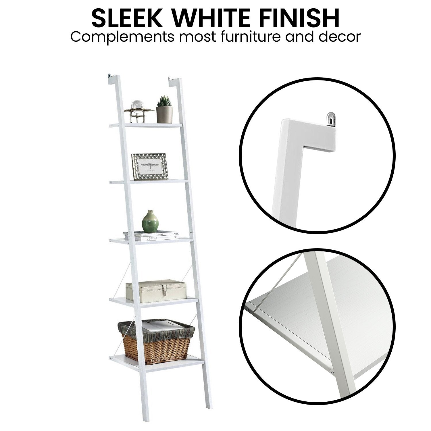 White ladder shelf with decorative items on a white background, highlighting its sleek finish.