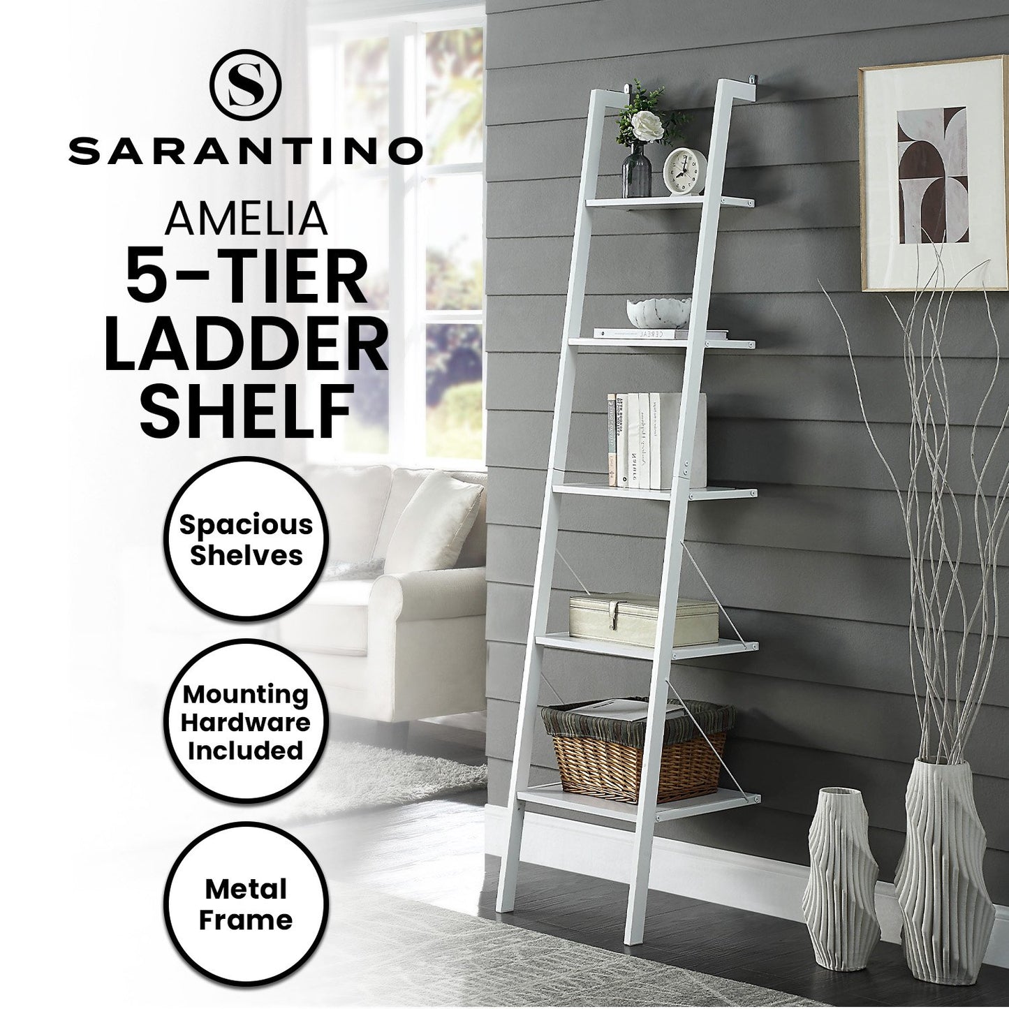 White ladder shelf with shelves against a gray wall in a living room setting, featuring the brand 'Sarantino'.