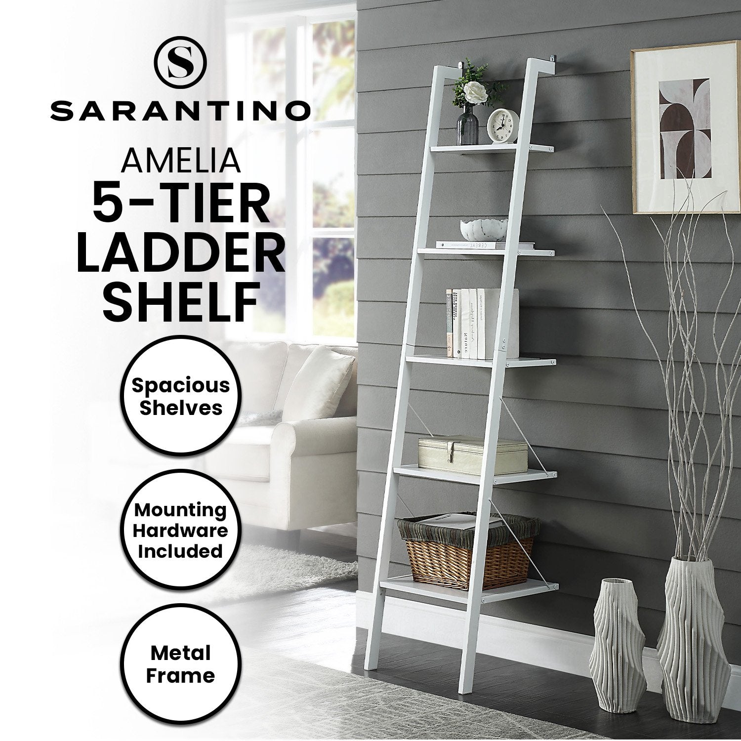 White ladder shelf with shelves against a gray wall in a living room setting, featuring the brand 'Sarantino'.
