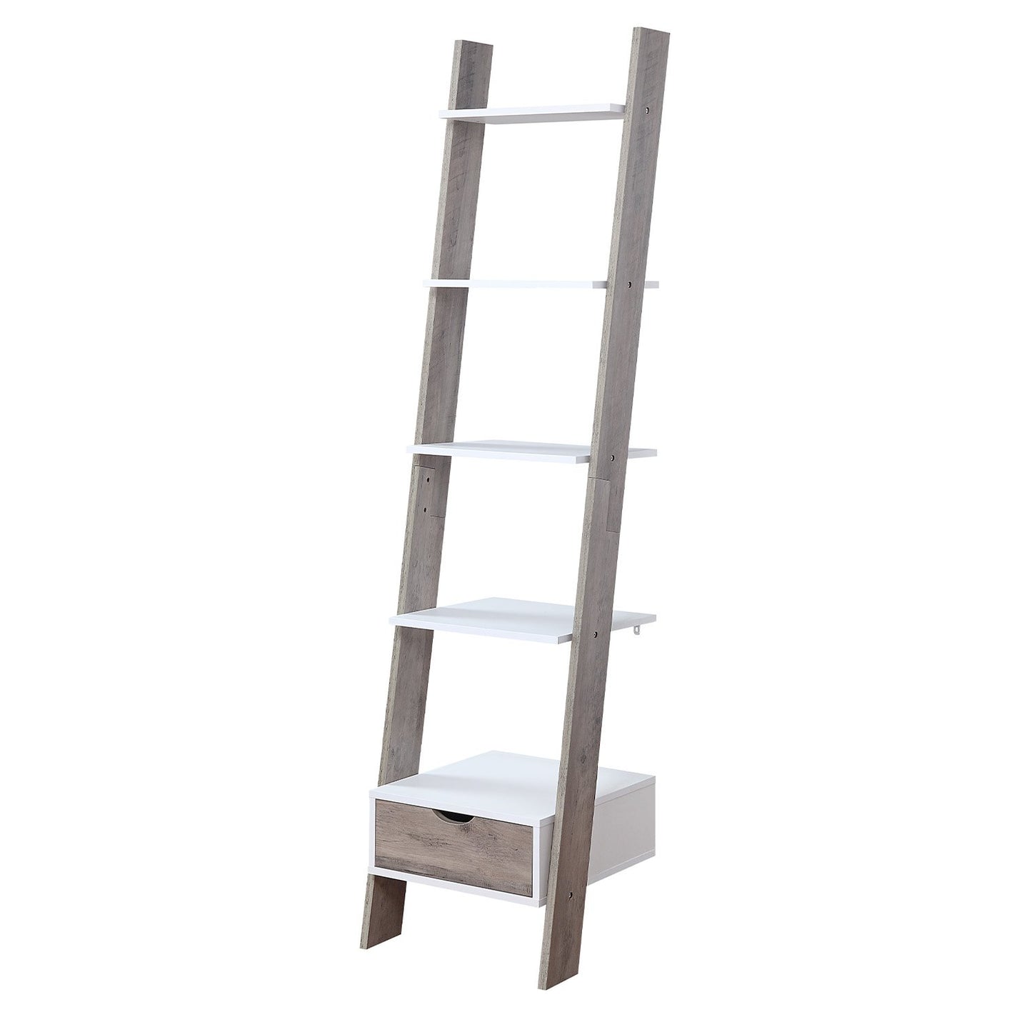 Wooden ladder shelf with white shelves and a drawer on a white background