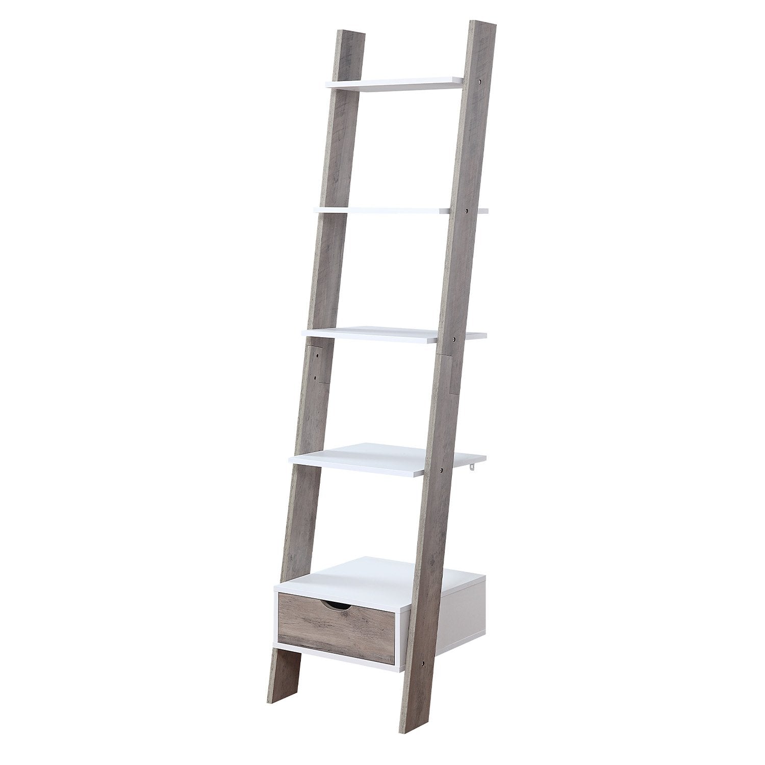 Wooden ladder shelf with white shelves and a drawer on a white background