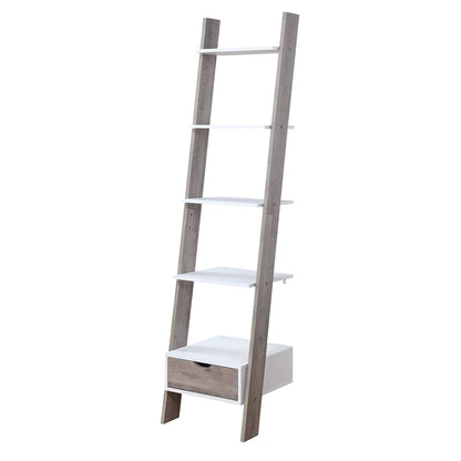 Wooden ladder shelf with white shelves and a drawer on a white background