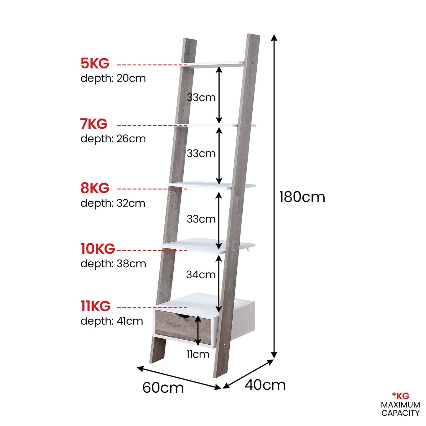 Sarantino Mira 5-tier Ladder Shelf In White And Grey Oak