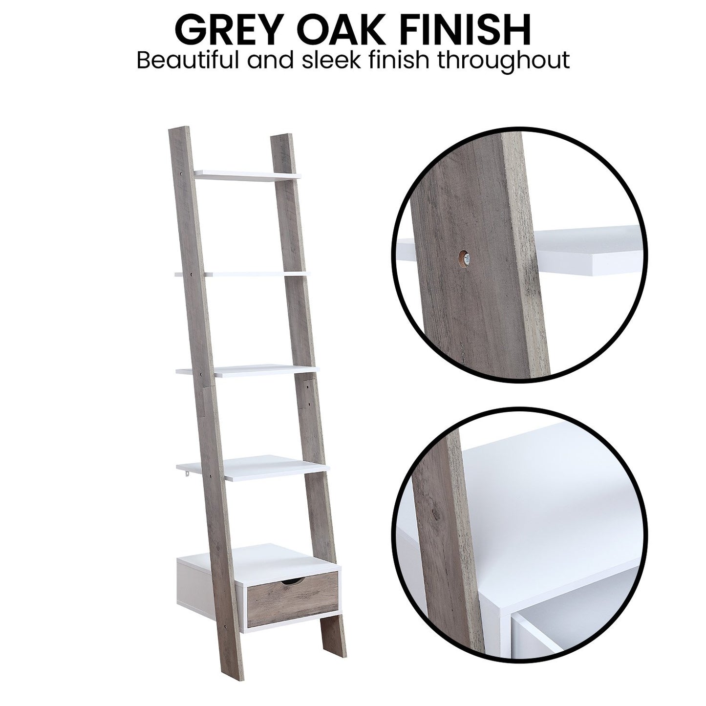 Leaning ladder shelf with gray oak finish and close-up details on a white background