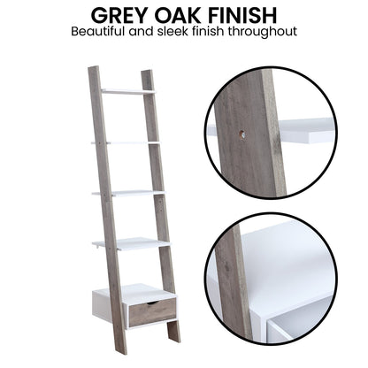 Leaning ladder shelf with gray oak finish and close-up details on a white background