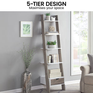 Ladder shelf with five tiers in a room setting, maximizing space.